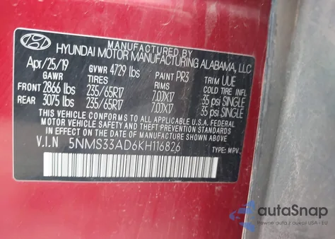 2019 Hyundai Santa Fe Sel из США, поврежденный, VIN 5NMS33AD6KH116826